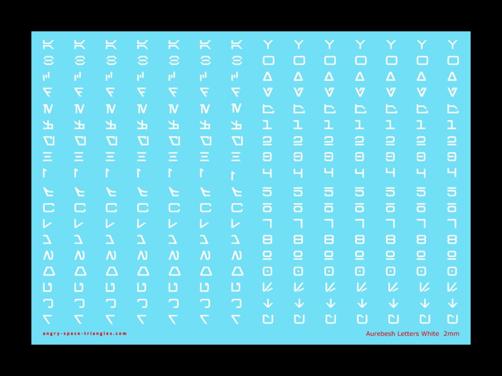 Sheet of Star Wars Aurebesh letters in white