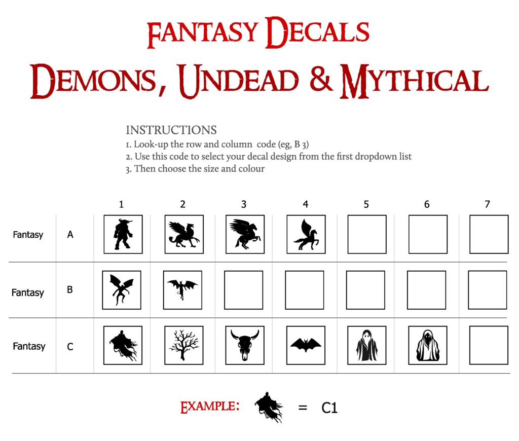 Graphic showing transfer designs for undead and mythical creatures