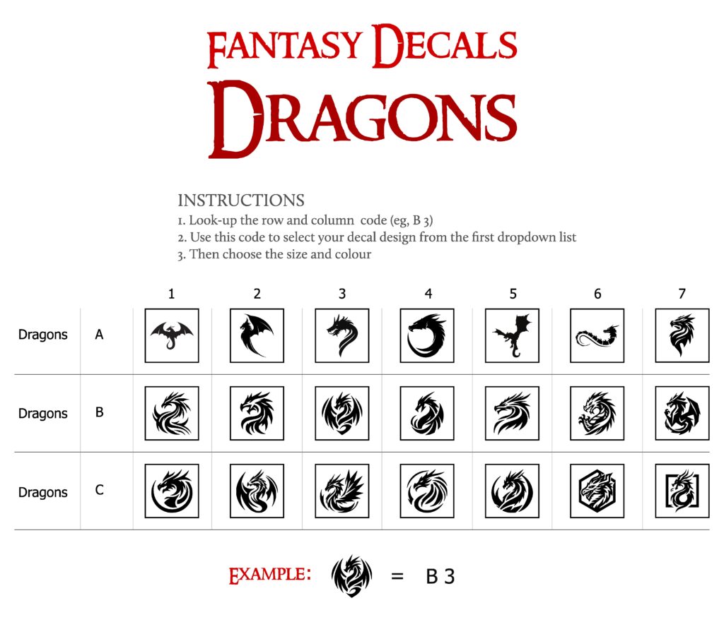 Graphic showing transfer designs for dragons