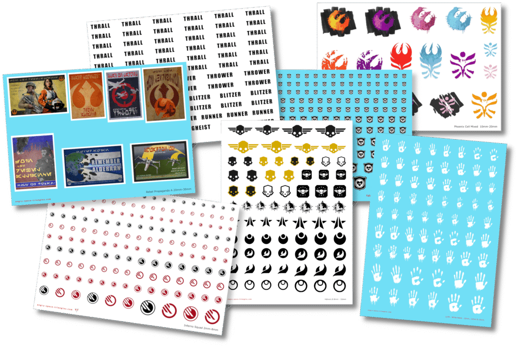 Set of decals showing a variety of different themes